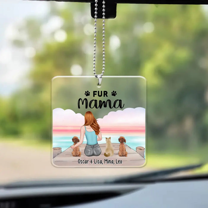 Personalized Fur Mama Car Ornament, Custom Woman Sitting With Her Pet Car Hanger For Dog Cat Lovers
