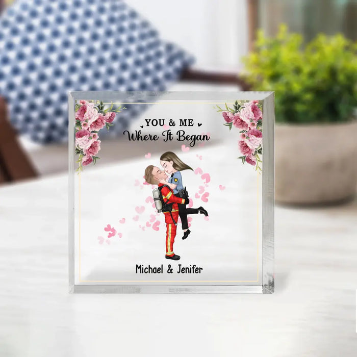 You And Me Where It Began - Personalized Acrylic Plaque, Gift for Couples, Custom Couple Hugging Acrylic Plaque