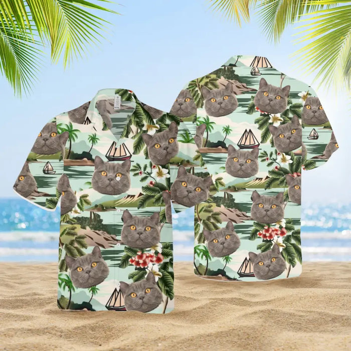 Custom Face Photo Upload Hawaiian Shirt, Hawaiian Shirt for Men, Coconut Tree On Island Cat Hawaiian Shirt