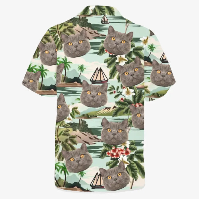 Custom Face Photo Upload Hawaiian Shirt, Hawaiian Shirt for Men, Coconut Tree On Island Cat Hawaiian Shirt
