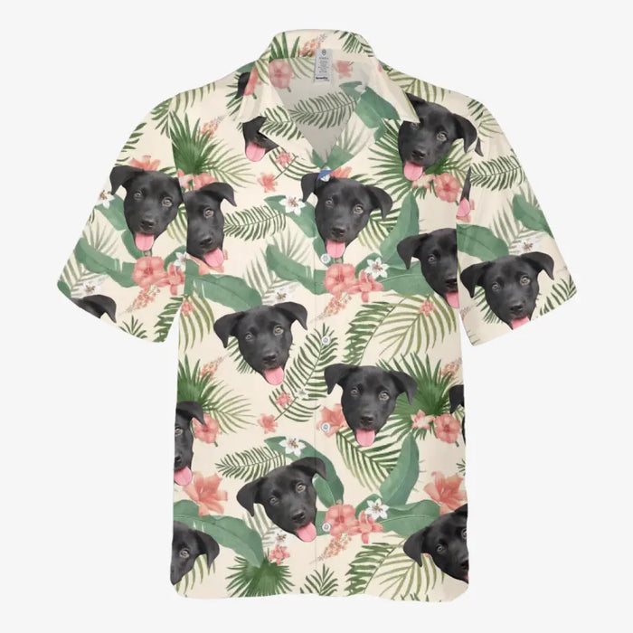 Custom Face Photo Upload Hawaiian Shirt, Hawaiian Shirt for Men, Tropical Pink Hibiscus Palm Leaves Dog Hawaiian Shirt