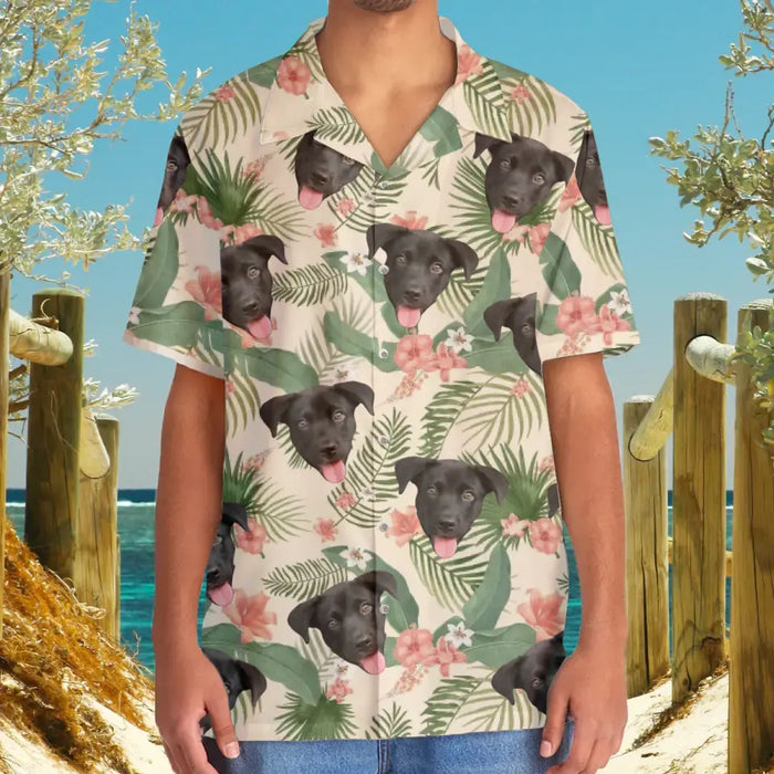 Custom Face Photo Upload Hawaiian Shirt, Hawaiian Shirt for Men, Tropical Pink Hibiscus Palm Leaves Dog Hawaiian Shirt