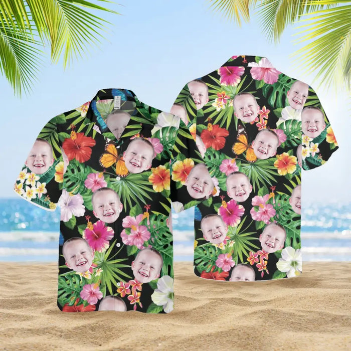 Personalized Hawaiian Shirt with Face, Custom Face Hawaiian Shirt for Man Woman, Custom Tropical Hibiscus Flower Butterfly Unisex Hawaiian Shirt