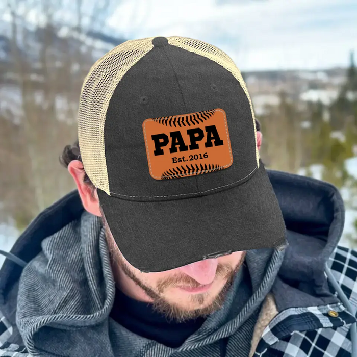 Personalized Baseball Papa Est Hat, Baseball Papa Est Hat, Gift for Dad Hat, Baseball Dad Leather Patch Hat, Baseball Dad Distressed Hat