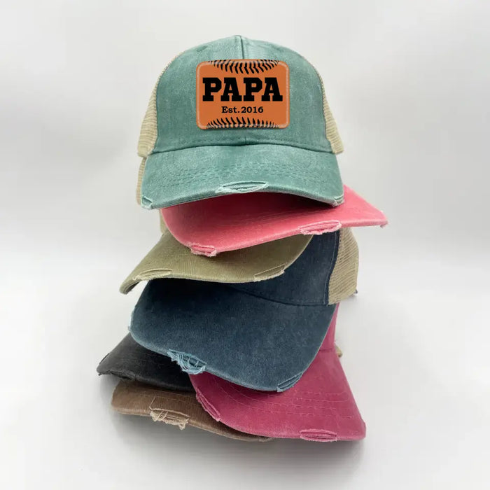 Personalized Baseball Papa Est Hat, Baseball Papa Est Hat, Gift for Dad Hat, Baseball Dad Leather Patch Hat, Baseball Dad Distressed Hat