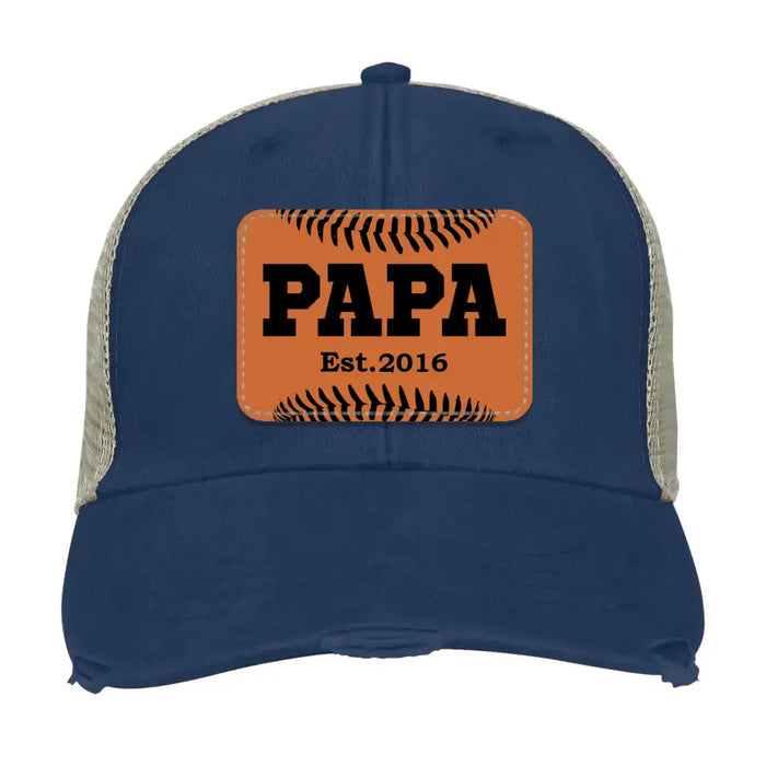 Personalized Baseball Papa Est Hat, Baseball Papa Est Hat, Gift for Dad Hat, Baseball Dad Leather Patch Hat, Baseball Dad Distressed Hat