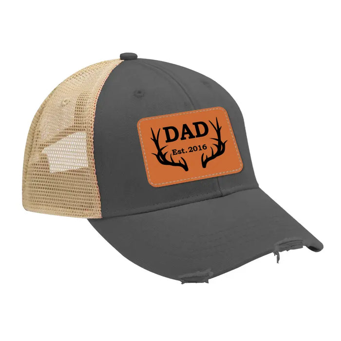 Personalized Hunting Dad Est Hat, Hunting Dad Est Hat, Gift for Dad Hat, Hunting Dad Leather Patch Hat, Hunting Dad Distressed Hat