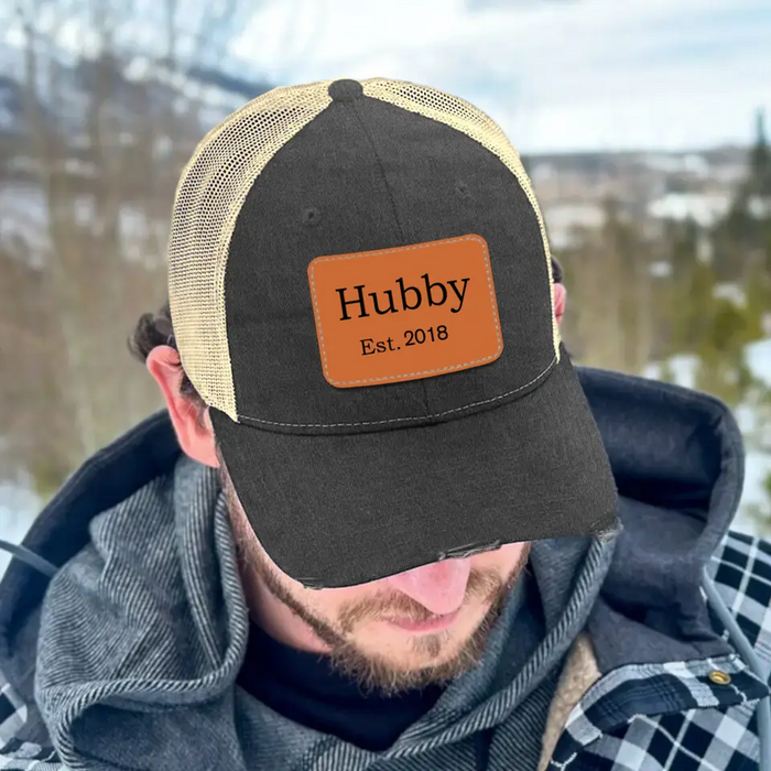 Personalized Hubby Est Hat, Hubby Est Hat, Gift for Dad Hat, Hubby Leather Patch Hat, Hubby Distressed Hat