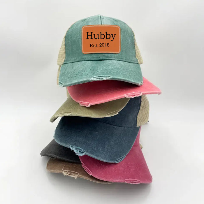 Personalized Hubby Est Hat, Hubby Est Hat, Gift for Dad Hat, Hubby Leather Patch Hat, Hubby Distressed Hat