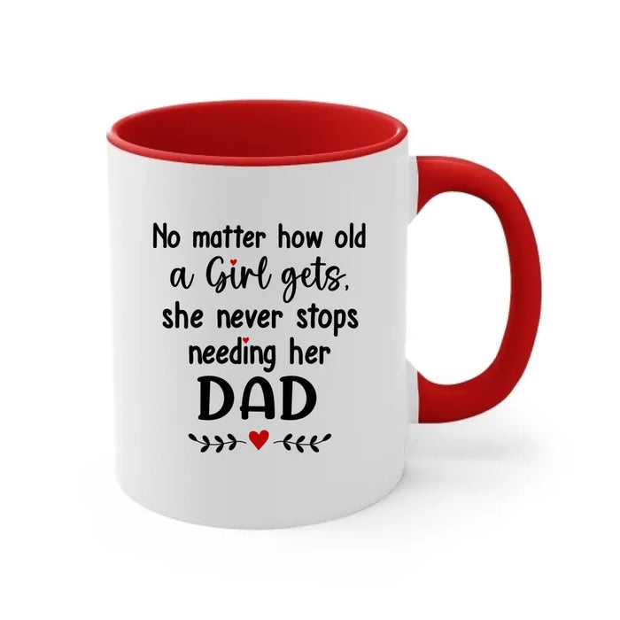 No Matter How Old A Girl Gets She Never Stops Needing Her Dad - Personalized Father and Daughters Mug, Gif For Dad, Father's Day Gift