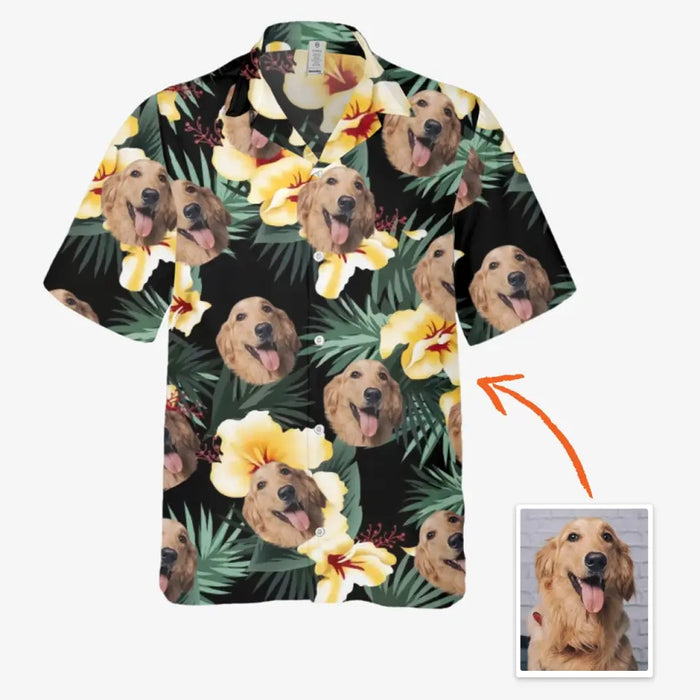 Personalized Hawaiian Shirt With Face, Custom Face Hawaiian Shirt For Man Woman, Custom Tropical Yellow Hibiscus Flower Unisex Hawaiian Shirt
