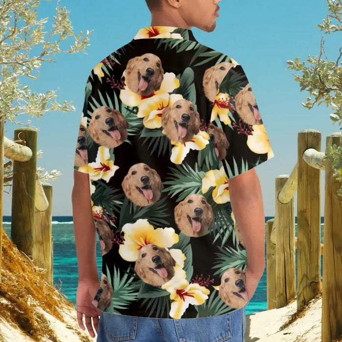 Personalized Hawaiian Shirt With Face, Custom Face Hawaiian Shirt For Man Woman, Custom Tropical Yellow Hibiscus Flower Unisex Hawaiian Shirt
