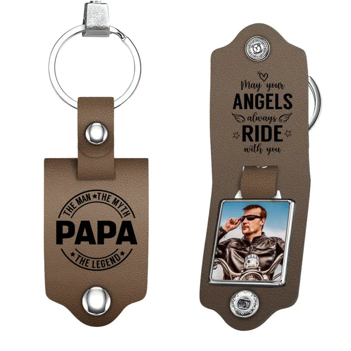 May Your Angels Always Ride With You - Personalized Photo Gifts Custom Leather Keychain, Gifts For Grandpa, Dad, Father's Day Gift