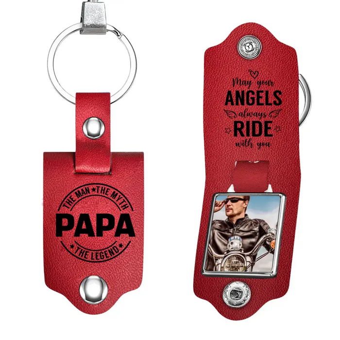 May Your Angels Always Ride With You - Personalized Photo Gifts Custom Leather Keychain, Gifts For Grandpa, Dad, Father's Day Gift