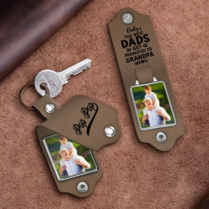 Only The Best Dads Get Promoted To Grandpa We Love You - Personalized Photo Gifts Custom Leather Keychain, Gifts For Grandpa, Dad, Father's Day Gift