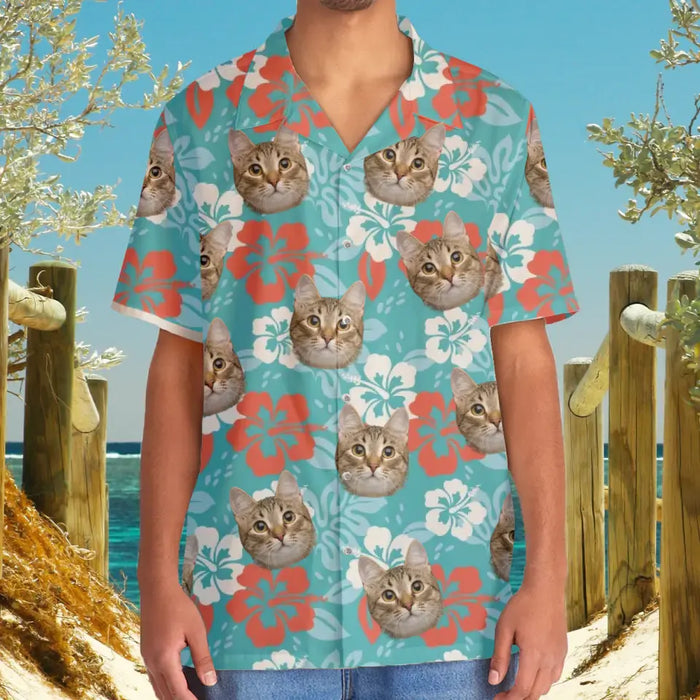 Custom Face Photo Upload Hawaiian Shirt, Hawaiian Shirt for Men, Abstract Hibiscus Flower Cat Hawaiian Shirt