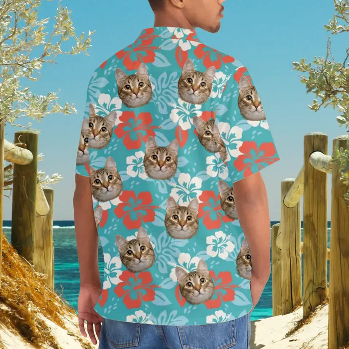 Custom Face Photo Upload Hawaiian Shirt, Hawaiian Shirt for Men, Abstract Hibiscus Flower Cat Hawaiian Shirt