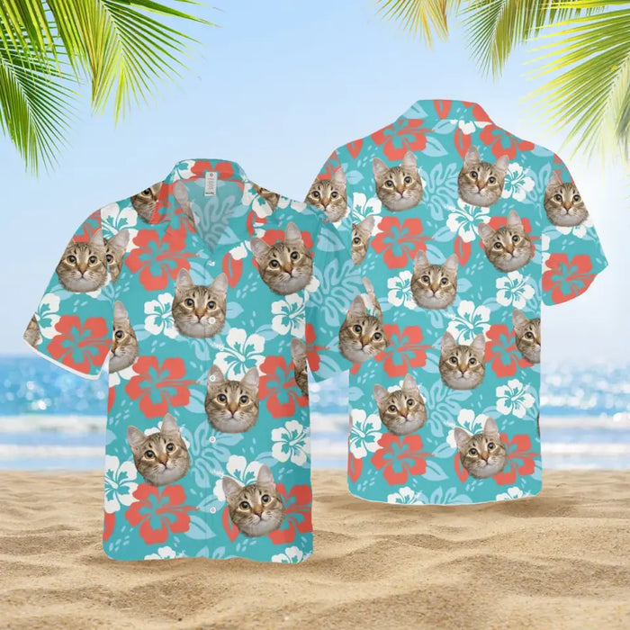 Custom Face Photo Upload Hawaiian Shirt, Hawaiian Shirt for Men, Abstract Hibiscus Flower Cat Hawaiian Shirt