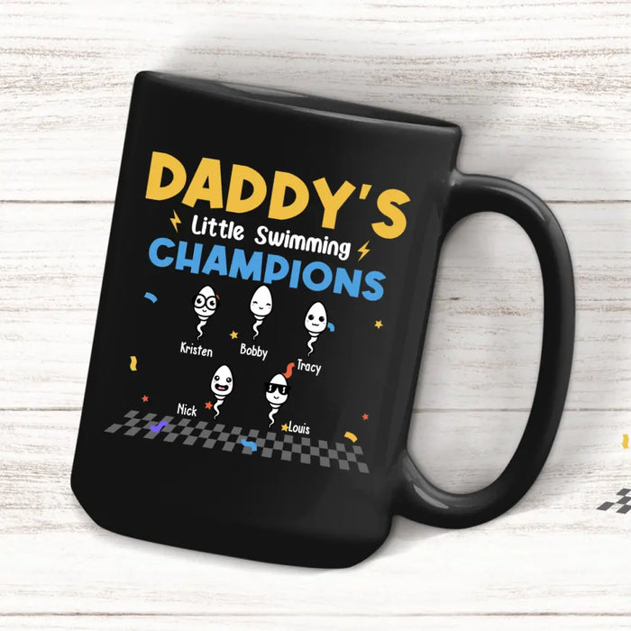 Daddy's Little Swimming Champions with Kids Names - Personalized Dad Mug, Custom Funny Mug, Gift For Dad