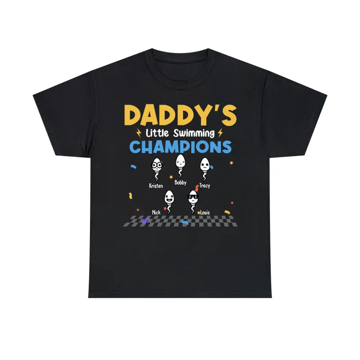 Daddy's Little Swimming Champions with Kids Names - Personalized Dad Shirt, Custom Funny Shirt, Gift For Dad