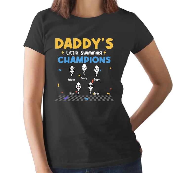 Daddy's Little Swimming Champions with Kids Names - Personalized Dad Shirt, Custom Funny Shirt, Gift For Dad