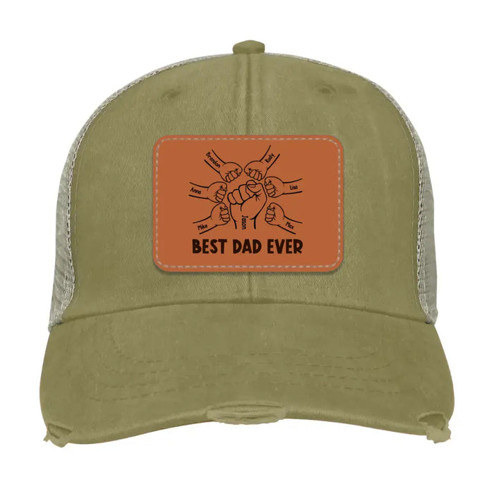 Personalized Best Dad Ever Hat With Kid Names, Custom Father and Son Daughter Punching Hands Hat, Gift for Dad, Leather Patch Hat