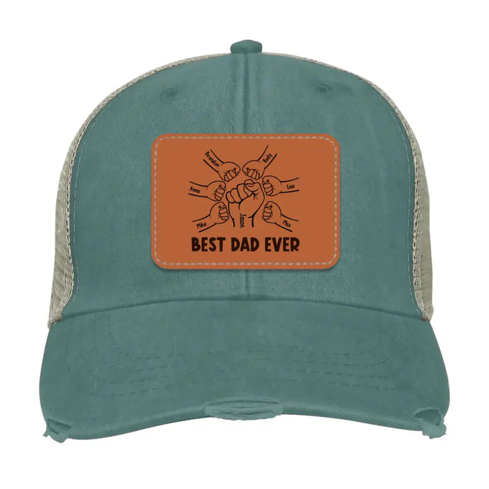 Personalized Best Dad Ever Hat With Kid Names, Custom Father and Son Daughter Punching Hands Hat, Gift for Dad, Leather Patch Hat