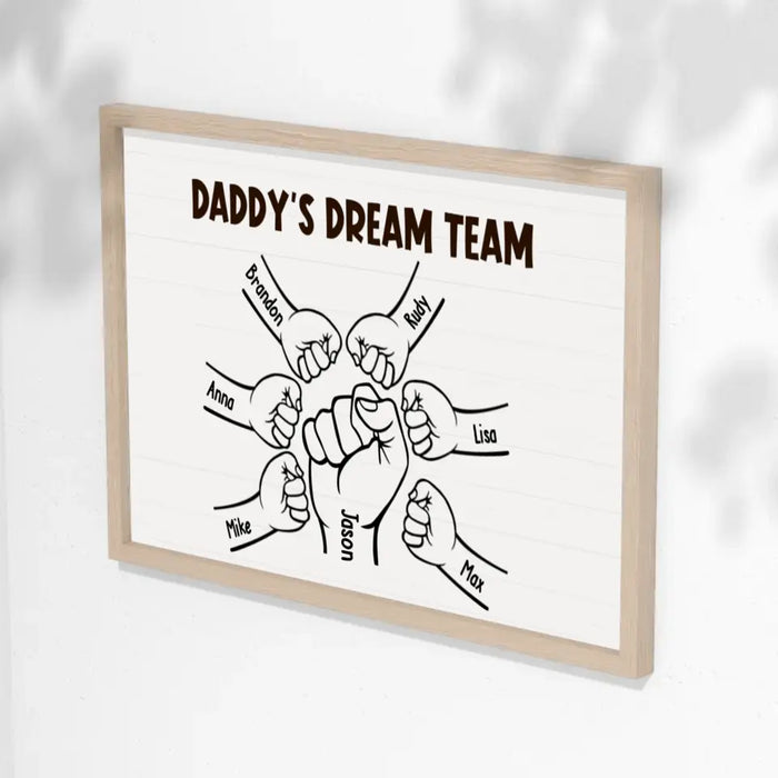 Daddy's Dream Team With Kids Names - Personalized Dad Punching Hands Poster, Gift for Dad