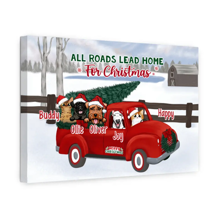 Personalized Canvas, All Roads Lead Home For Christmas, Up To 5 Dogs, Cats, Christmas Gift For Family, Dog, Cat Lover