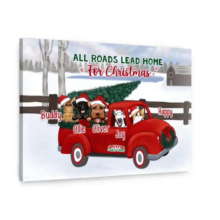 Personalized Canvas, All Roads Lead Home For Christmas, Up To 5 Dogs, Cats, Christmas Gift For Family, Dog, Cat Lover