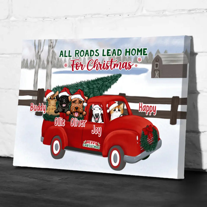 Personalized Canvas, All Roads Lead Home For Christmas, Up To 5 Dogs, Cats, Christmas Gift For Family, Dog, Cat Lover