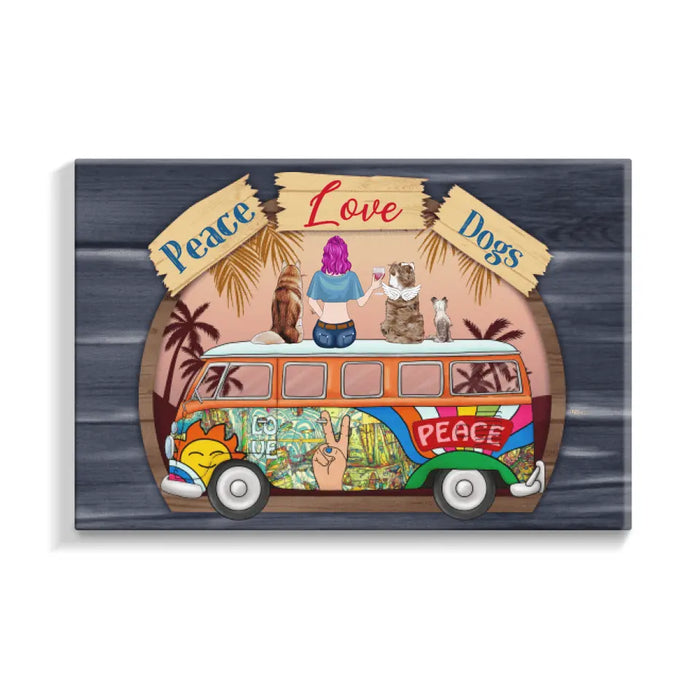 Personalized Canvas, Hippie Girl with Dogs On Bus, Gift for Hippie and Dog Lovers