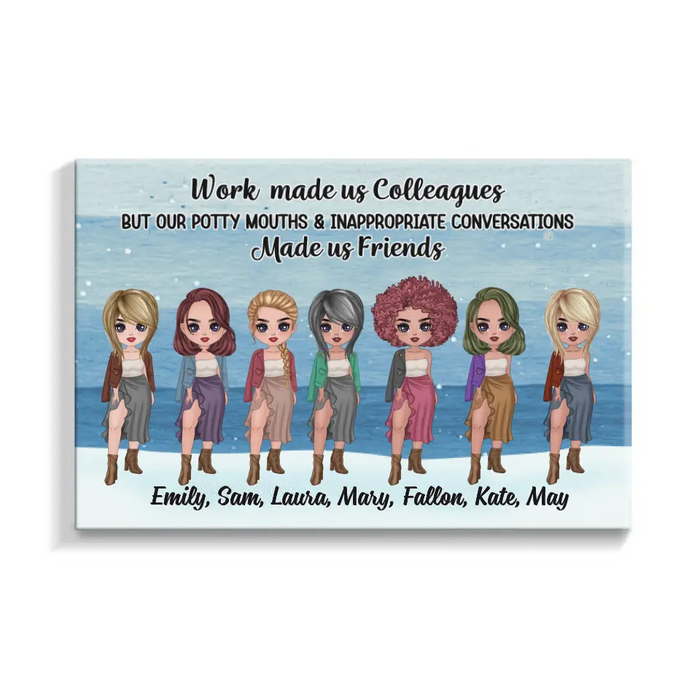 Personalized Canvas, Up To 7 Girls, Gift For Colleagues, Coworkers, Chibi Girls, Sisters, Work Made Us Colleagues