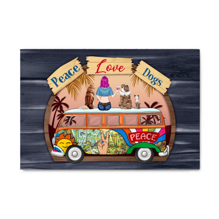 Personalized Canvas, Hippie Girl with Dogs On Bus, Gift for Hippie and Dog Lovers