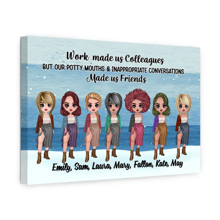 Personalized Canvas, Up To 7 Girls, Gift For Colleagues, Coworkers, Chibi Girls, Sisters, Work Made Us Colleagues