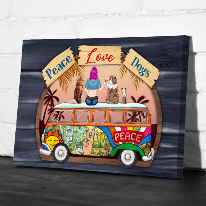 Personalized Canvas, Hippie Girl with Dogs On Bus, Gift for Hippie and Dog Lovers