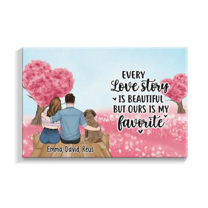 Couple Sitting With Pets - Personalized Canvas For Couples, Dog Lovers, Cat Lovers