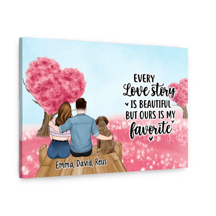 Couple Sitting With Pets - Personalized Canvas For Couples, Dog Lovers, Cat Lovers