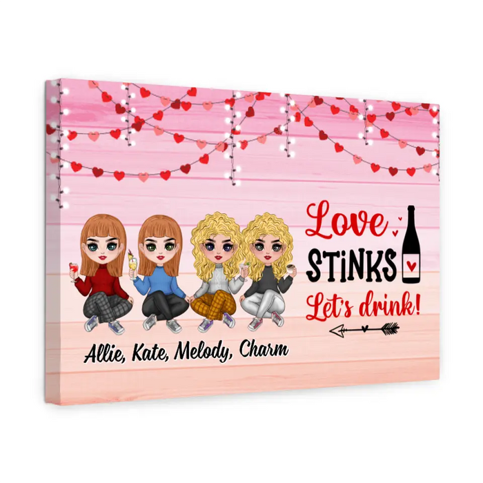 Up To 4 Chibi Love Stinks Let'S Drink - Personalized Canvas For Her, Friends, Sister, Valentine's Day