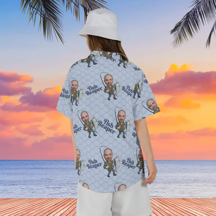 Personalized Fish Reaper Hawaiian Shirt, Custom Face Hawaiian Shirt for Men, Gift for Dad, Fishing Lovers