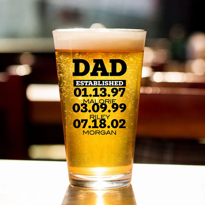 Personalized Dad 16oz Glass Cup, Custom Dad or Grandpa Established Glass, Gift for Dad, Drinking Lovers