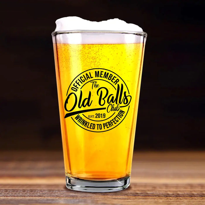 Personalized Official Member The Old Balls Club Wrinkled To Perfection 16oz Glass Cup, Custom Dad Glass Cup, Gift for Dad, Drinking Lovers