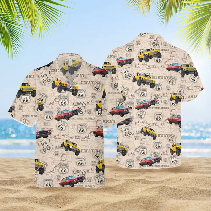 Personalized Photo Upload Route 66 Hawaiian Shirt, Custom Vehicle Photo Men's Hawaiian Shirt