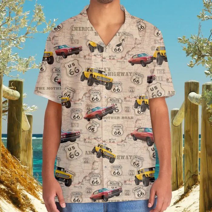 Personalized Photo Upload Route 66 Hawaiian Shirt, Custom Vehicle Photo Men's Hawaiian Shirt