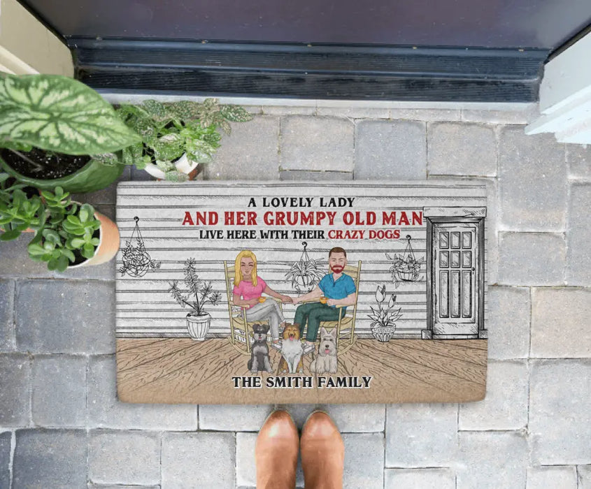 A Lovely Lady And Her Grumpy Old Man Live Here With Their Crazy Dogs - Personalized Couples with Dogs Doormat, Gifts For Dog Lovers, Fur Family