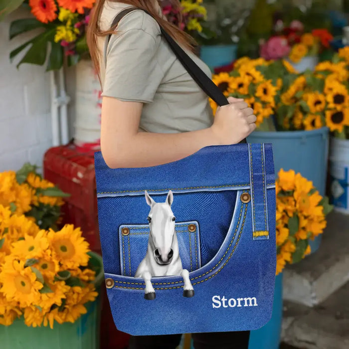 Personalized Horse with Jean Pattern Tote Bags, Gift for Horse Lovers