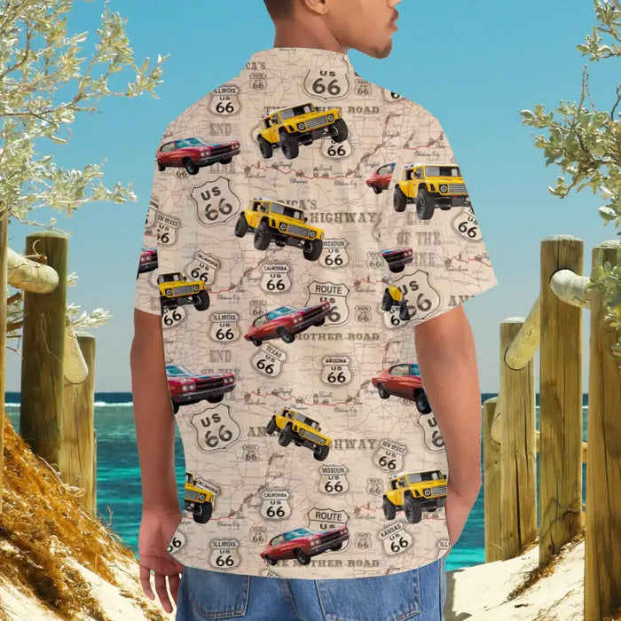 Upload Car Photo Hawaiian Shirt, Personalized Photo Upload Car Men's Hawaiian Shirt, Custom Hawaiian Shirt, US Route 66 Hawaiian Shirt