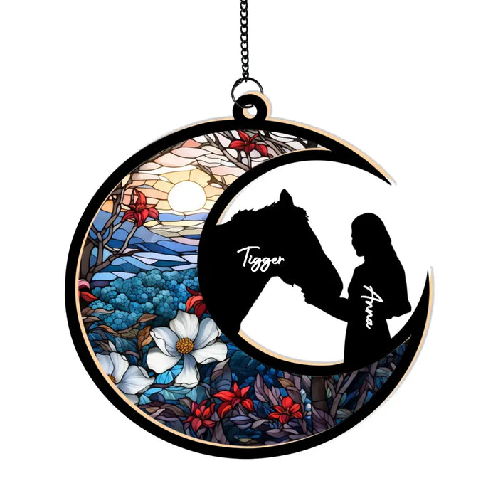 Personalized Girl and Her Horse Suncatcher Ornament, Custom Window Hanging Suncatcher For Her, Horse Lovers