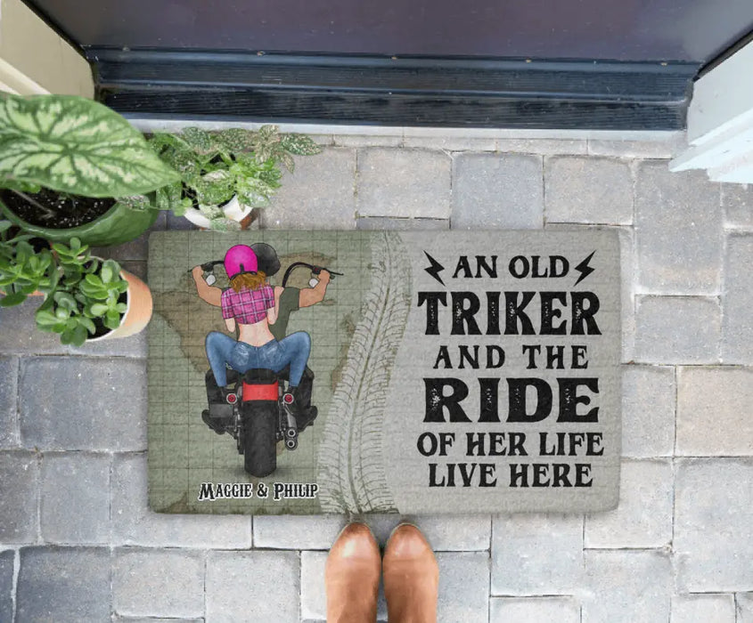 A Old Triker And The Ride Of Her Life Live Here - Personalized Gifts Custom Motorcycle Doormat for Couples, Motorcycle Lovers