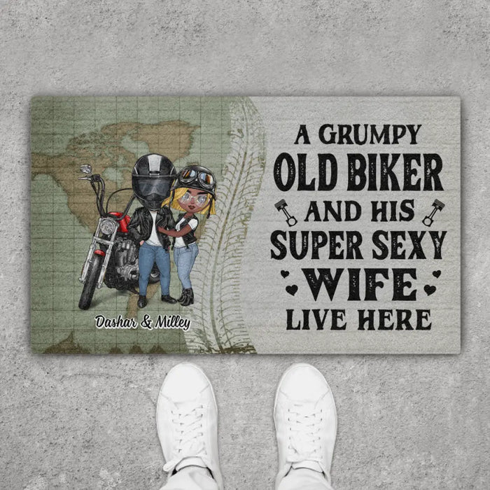 A Grumpy Old Biker And His Super Sexy Wife Live Here - Personalized Gifts Custom Motorcycle Doormat for Chibi Couples, Motorcycle Lovers